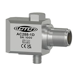 A stainless steel, standard size, side exit AC288 high temperature accelerometer engraved with the CTC Line logo, part number, serial number, and CE and UKCA certification markings.